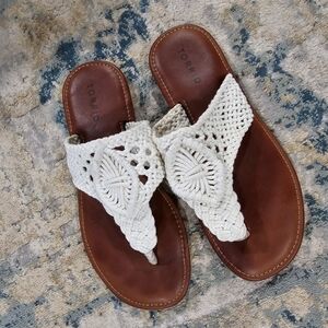 torrid White Woven Toe-Post Sandals with Brown Footbed